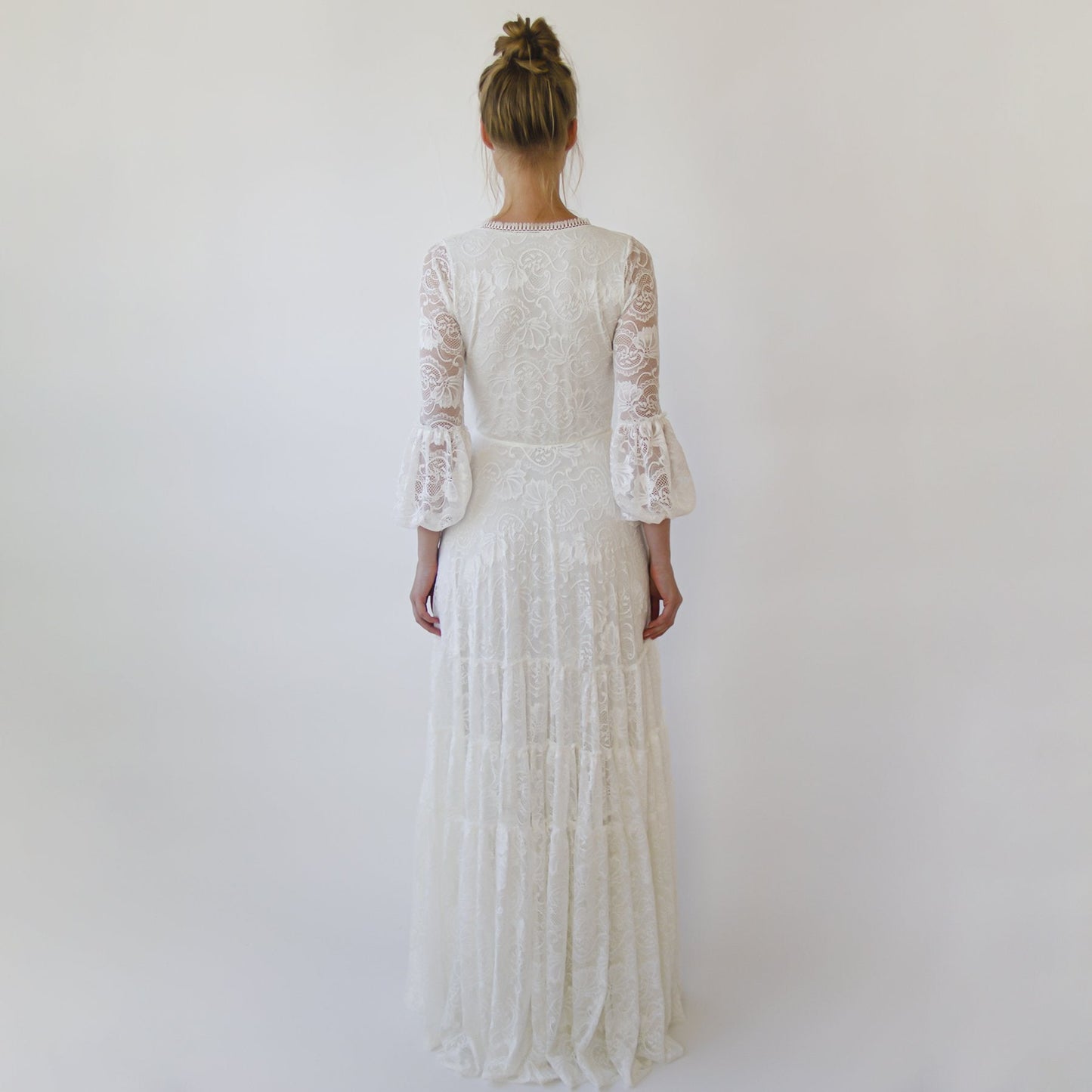 Bestseller Gipsy Layered Boho Lace Wedding Dress, Puffy Bracelet Sleeves #1365