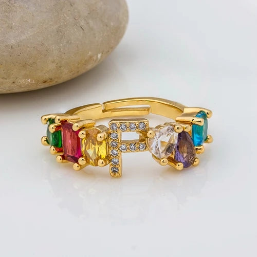 Adjustable A-Z Initial Ring Bohemian Copper Zircon  Rainbow Letter Rings for Women Girls Party Wedding Jewelry
