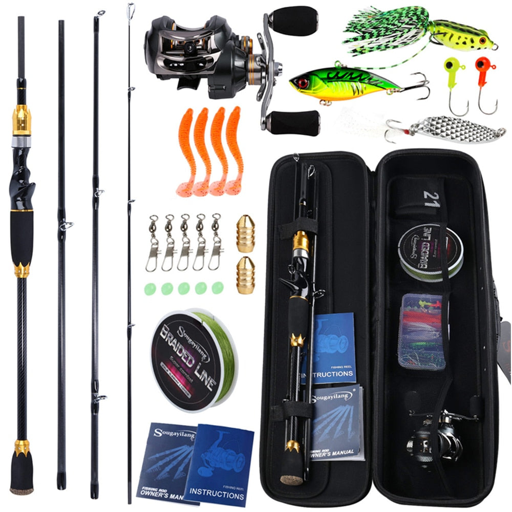 Sougayilang 1.8m 2.1m Baitcsting Rod Full Kit 4 Section M Power Carbon Fishing Rod 100M Fishing Line Lures Hooks Jig Head Pesca