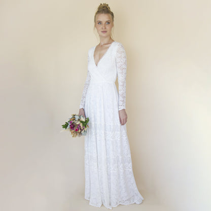 Bohemian Lace Wedding Dress Wrap Neckline With Fringes #1363