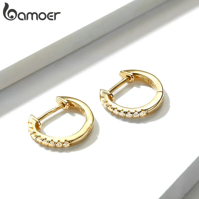 BAMOER 925 Sterling Silver Round Circle Hoop Earrings for Women Gold Color Earrings Sterling Silver Jewelry