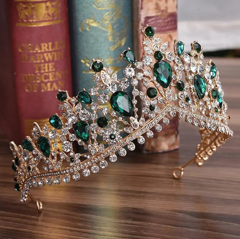 KMVEXO European Green Crystal Tiaras Vintage Black Rhinestone Pageant Crown Baroque Bridal Wedding Hair Jewelry Accessories