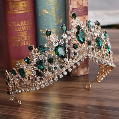 KMVEXO European Green Crystal Tiaras Vintage Black Rhinestone Pageant Crown Baroque Bridal Wedding Hair Jewelry Accessories
