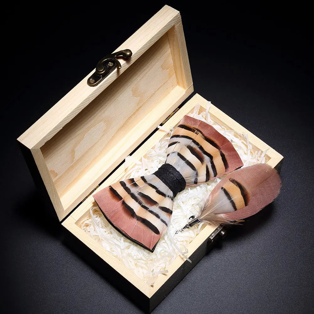 KAMBERFT Design Handmade Feather Bow Tie Brooch Wooden Box Set High Quality Men's Bowtie Leather Tie for Wedding Party Banquet