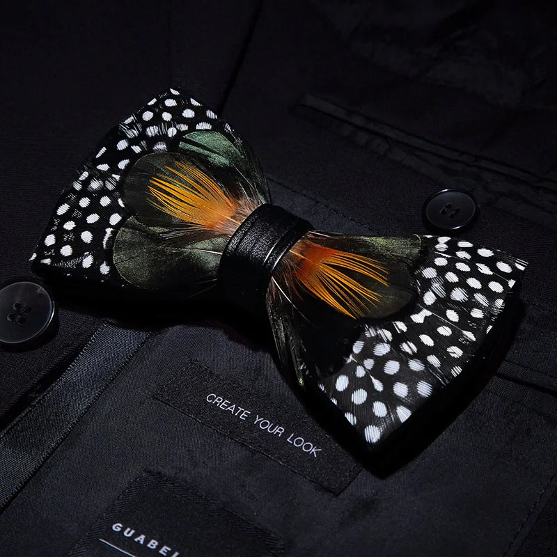 KAMBERFT Designer Brand Handmade Feather and Leather Pre-Tied Bow Tie and Brooch Sets for Men Wedding Party Best Cravate