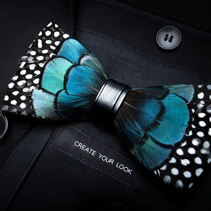 KAMBERFT Designer Brand Handmade Feather and Leather Pre-Tied Bow Tie and Brooch Sets for Men Wedding Party Best Cravate