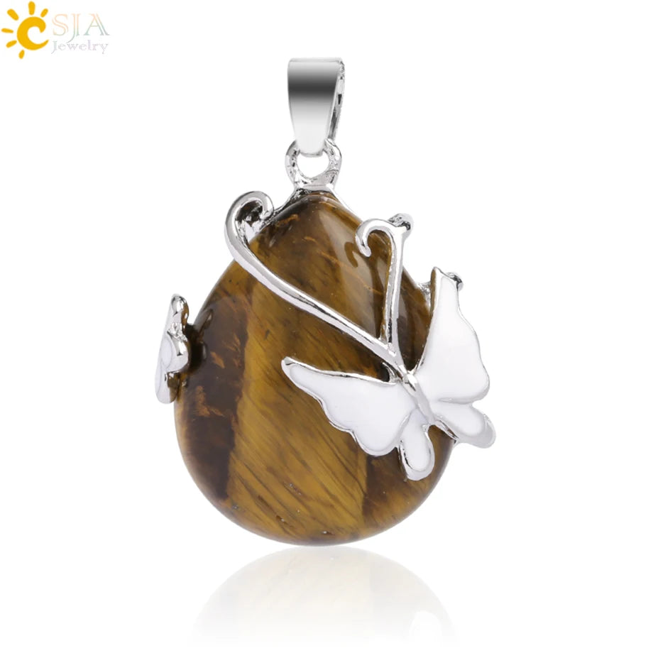 CSJA Water Drop Natural Stone Pendant Butterfly Necklace Pink Quartz Purple Crystal Tiger Eye Flower Necklace for Women Men G082