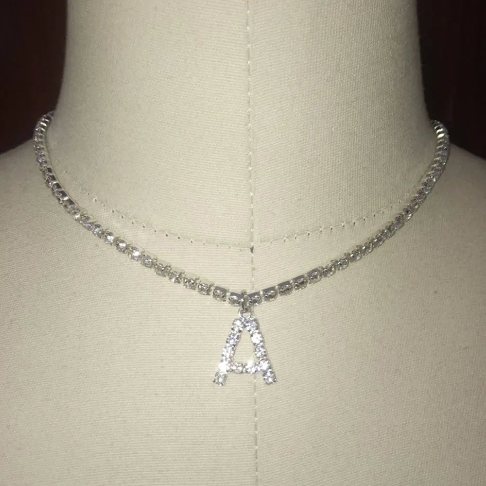 Stonefans Bling Letter Necklace Tennis Chain Custom Women Charming Statement Crystal Name Initial Choker Collar Necklace Jewelry