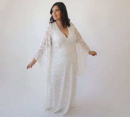 Curvy  Lace Ivory Bridal Kaftan With Fringe ,Bat Sleeves Lace Wedding Dress #1328