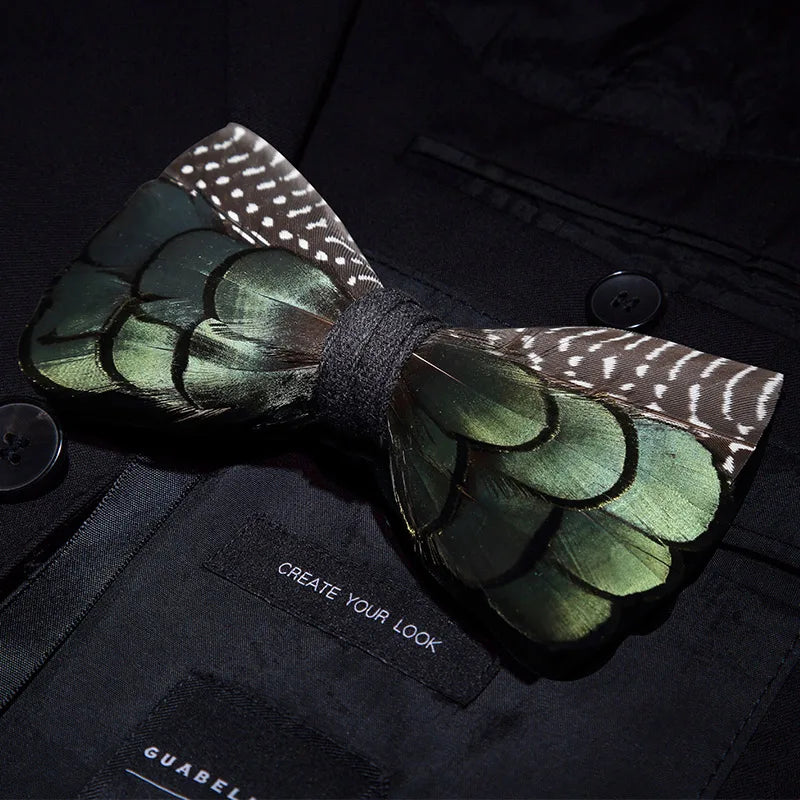 KAMBERFT Designer Brand Handmade Feather and Leather Pre-Tied Bow Tie and Brooch Sets for Men Wedding Party Best Cravate