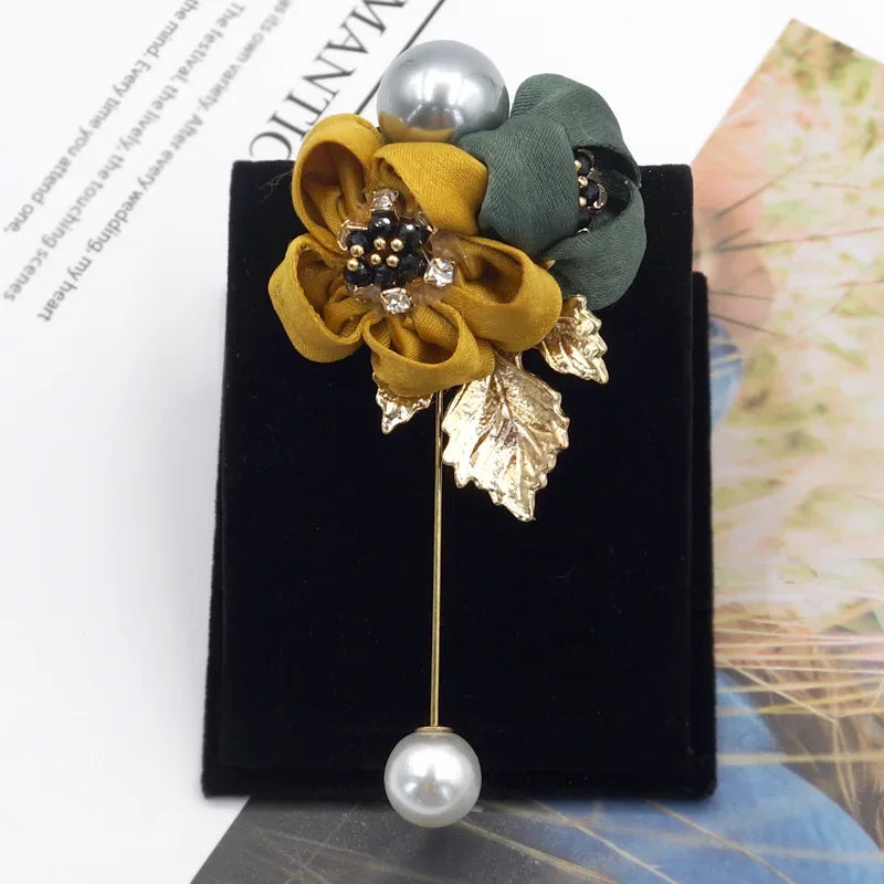 I-Remiel Ladies Cloth Art Pearl Fabric Flower Brooch Pin Cardigan Shirt Shawl Pin Professional Coat Badge Jewelry Accessories