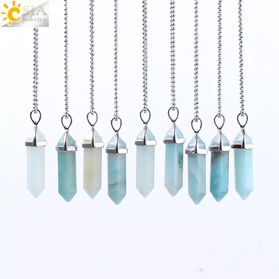 CSJA Hexagonal Column Necklaces Natural Stone Amazonite Pendant Two Sharp Angle Quartz Beads for Women Men Jewelry F185