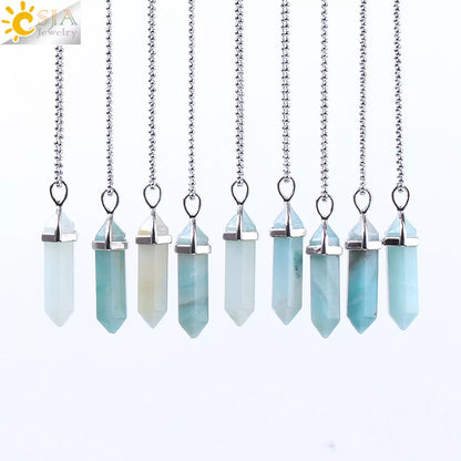 CSJA Hexagonal Column Necklaces Natural Stone Amazonite Pendant Two Sharp Angle Quartz Beads for Women Men Jewelry F185