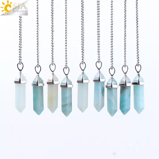 CSJA Hexagonal Column Necklaces Natural Stone Amazonite Pendant Two Sharp Angle Quartz Beads for Women Men Jewelry F185