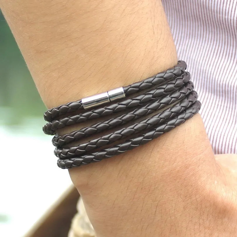 XQNI Brand Black Retro Wrap Long Leather Bracelet Men Bangles Fashion Sproty Chain Link Male Charm Bracelet With 5 Laps