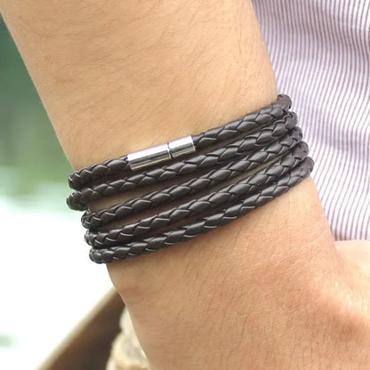 XQNI Brand Black Retro Wrap Long Leather Bracelet Men Bangles Fashion Sproty Chain Link Male Charm Bracelet With 5 Laps