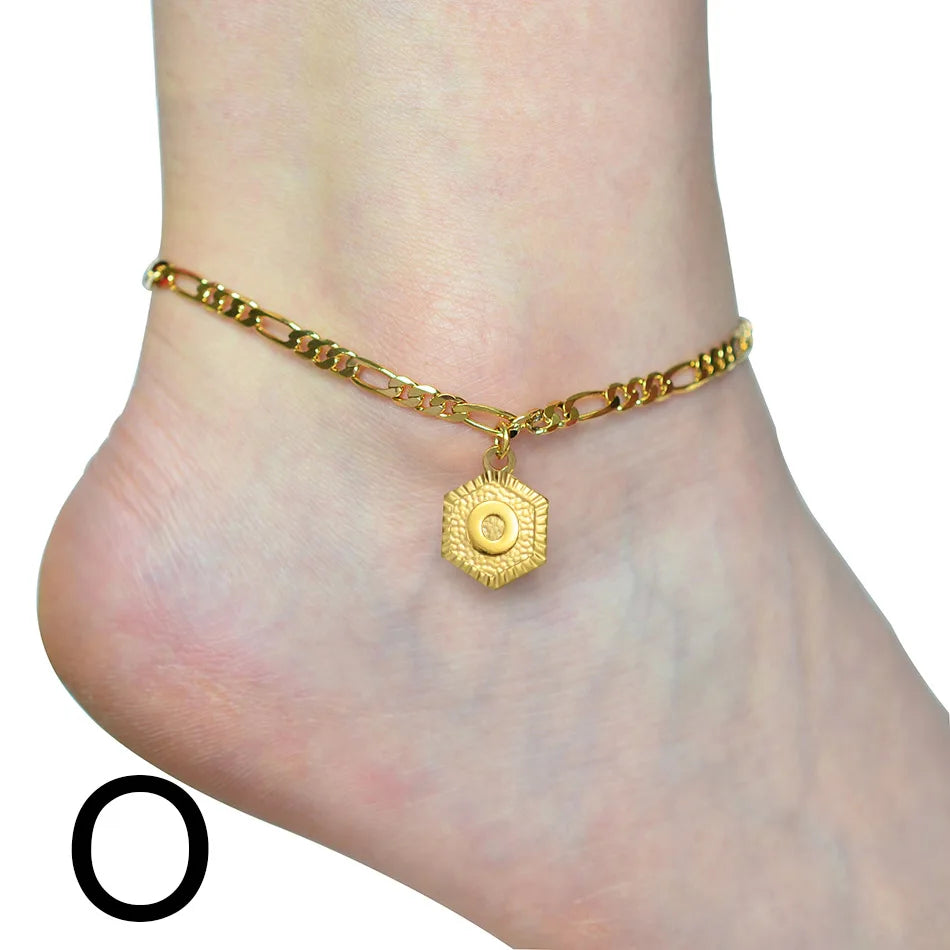 Anniyo 21cm + 10cm Extender Chain / A-Z Initial Letter Anklet for Women Alphabet Jewelry Foot Chain Girl #105906