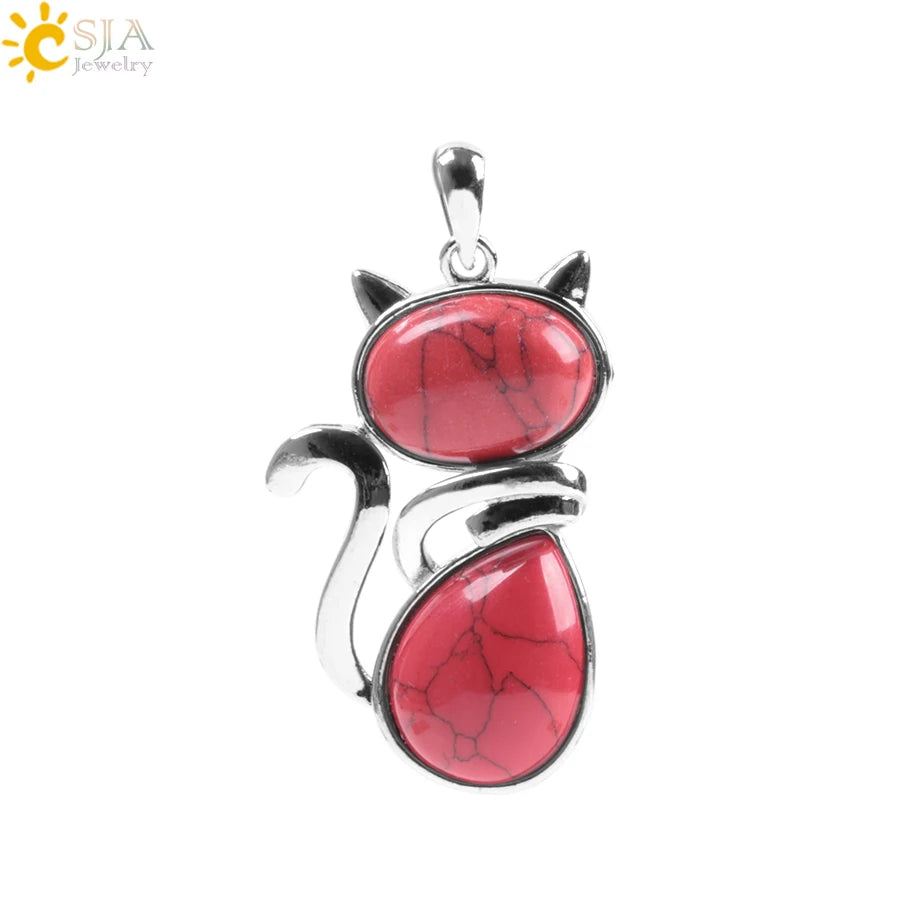 CSJA Chakra Natural Stone Pendant Cute Cat Pendants Suspension for Girl Green Aventurine Pink Crystal Cat Wisiorek Jewelry F072