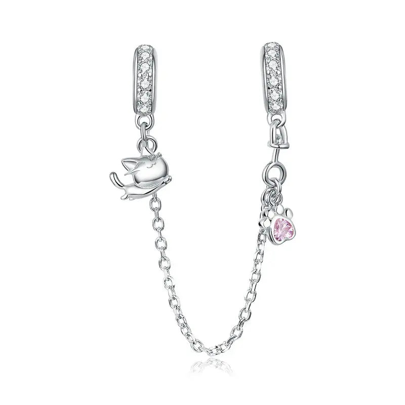 BISAER 925 Sterling Silver Safety Chain Collection Heart Star Charms  Silicone Bead Fit Women Bracelet Fine Jewelry Accessories