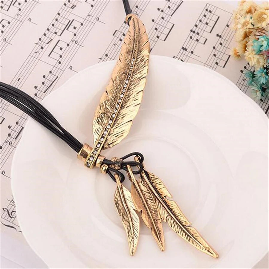 Collier Femme Feather Necklaces & Pendants Rope Leather Vintage Maxi Colar for Statement Necklace Women Fashion Jewelry Bijoux