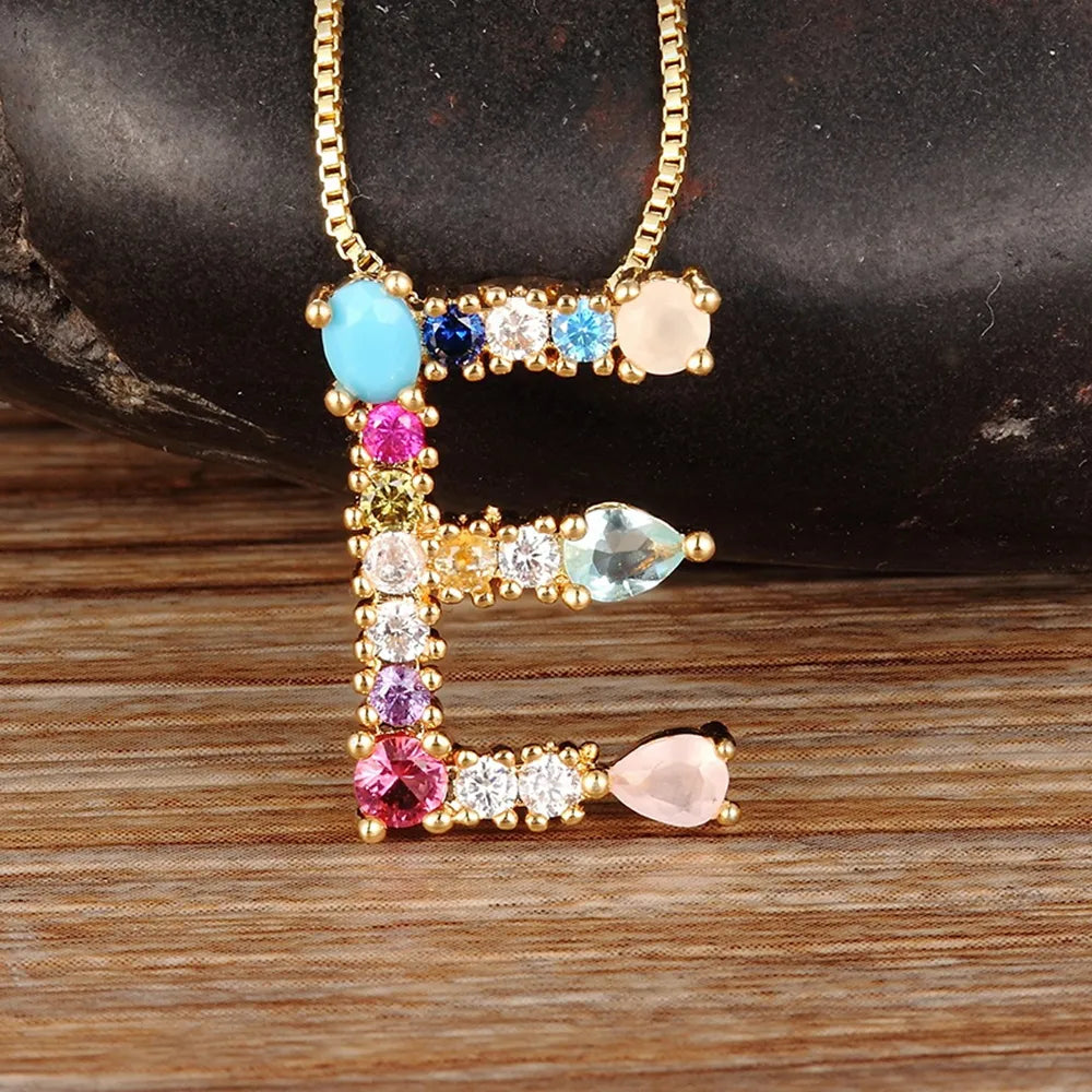 Nidin Rainbow Color Initial CZ Necklace Charm Letter Pendant Name Jewelry Women Accessories Fine Party Birthday