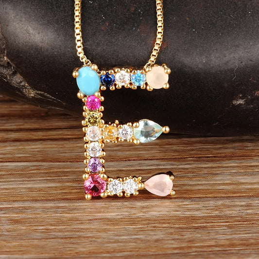 Nidin Rainbow Color Initial CZ Necklace Charm Letter Pendant Name Jewelry Women Accessories Fine Party Birthday