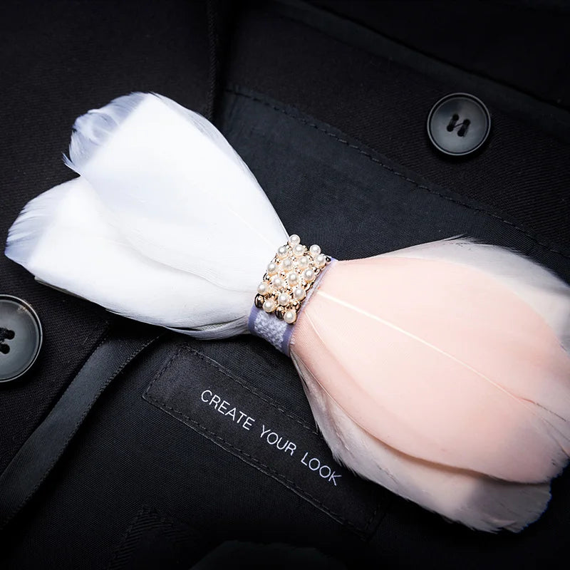 KAMBERFT Designer Brand Handmade Feather and Leather Pre-Tied Bow Tie and Brooch Sets for Men Wedding Party Best Cravate