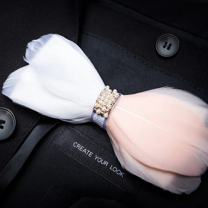 KAMBERFT Designer Brand Handmade Feather and Leather Pre-Tied Bow Tie and Brooch Sets for Men Wedding Party Best Cravate