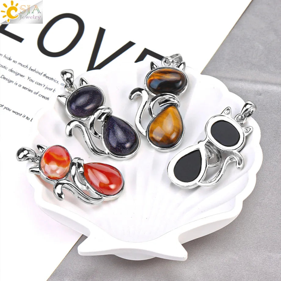 CSJA Chakra Natural Stone Pendant Cute Cat Pendants Suspension for Girl Green Aventurine Pink Crystal Cat Wisiorek Jewelry F072