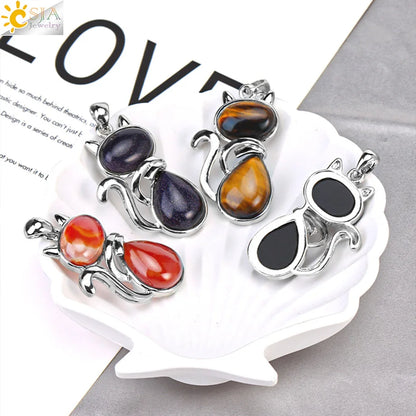 CSJA Chakra Natural Stone Pendant Cute Cat Pendants Suspension for Girl Green Aventurine Pink Crystal Cat Wisiorek Jewelry F072