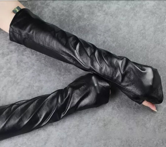 Female Fashion Long Sheepskin Gloves Half Finger PU Arm Warmers Winter Gloves Korean Lengthened