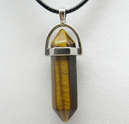 1PCS Natural Stone Quartz Crystal Opal Agates Hexagonal Column Pendulum Pendant Leather Chains Necklace Fashion Charms Pendant