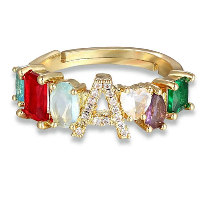 Adjustable A-Z Initial Ring Bohemian Copper Zircon  Rainbow Letter Rings for Women Girls Party Wedding Jewelry