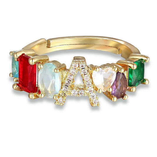 Adjustable A-Z Initial Ring Bohemian Copper Zircon  Rainbow Letter Rings for Women Girls Party Wedding Jewelry