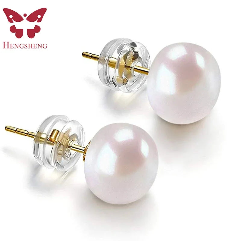 HENGSHENG White Cultured Freshwater Pearl Earrings for Women Classic 925 Sterling Silver Jewelry Gold Stud Earrings
