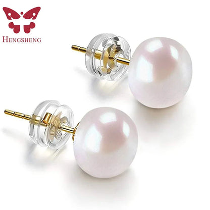 HENGSHENG White Cultured Freshwater Pearl Earrings for Women Classic 925 Sterling Silver Jewelry Gold Stud Earrings