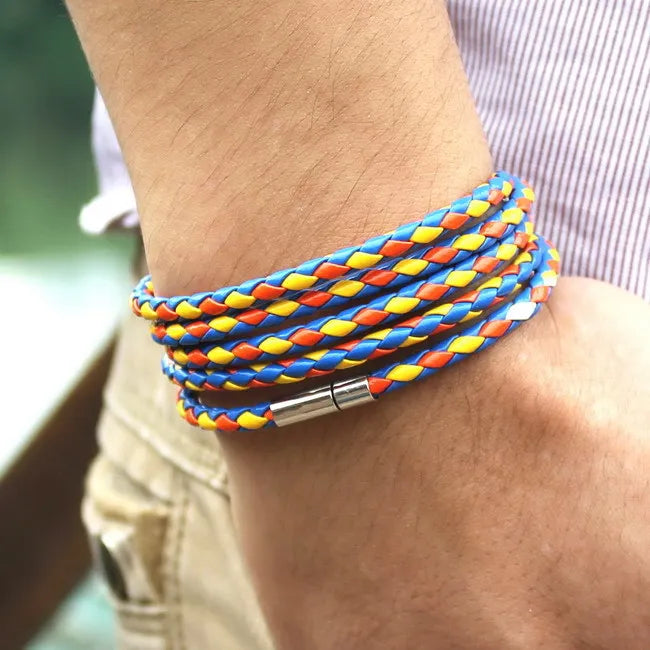 XQNI Brand Black Retro Wrap Long Leather Bracelet Men Bangles Fashion Sproty Chain Link Male Charm Bracelet With 5 Laps