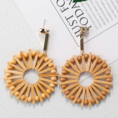 AENSOA Multiple 27 Style Korea Handmade Wooden Straw Weave Rattan Vine Braid Drop Earrings New Geometric Long Earrings