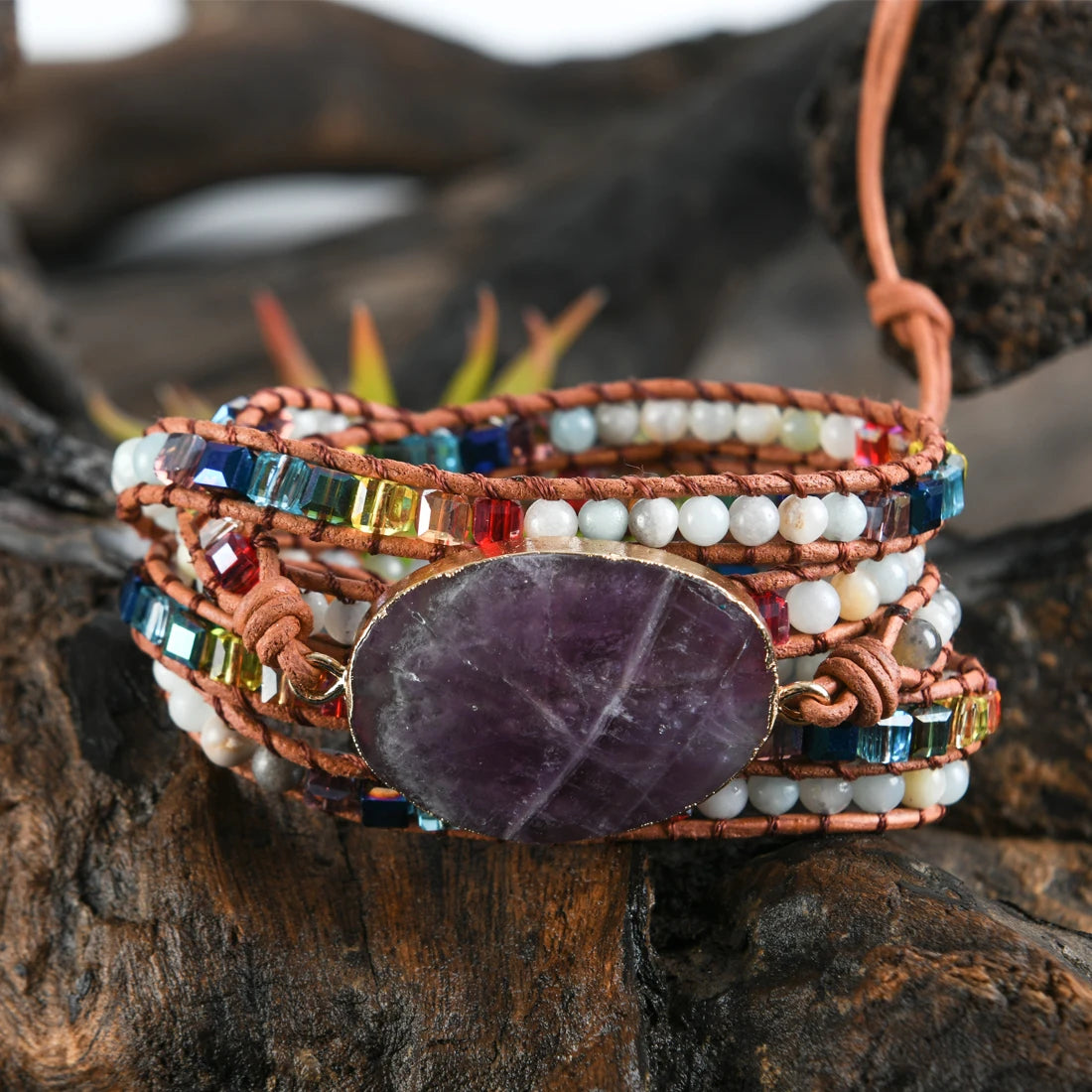 Newest Unique Chakra Natural Stones Charm 5 Strands Wrap Bracelets Handmade Boho Bracelet Women Leather Bracelet