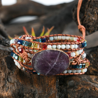 Newest Unique Chakra Natural Stones Charm 5 Strands Wrap Bracelets Handmade Boho Bracelet Women Leather Bracelet
