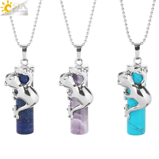 CSJA Pink Quartz Gem Power Statement Necklace Male Female Jewelry Natural Gem Stone Pendant Lovely Frog Jewellery E184