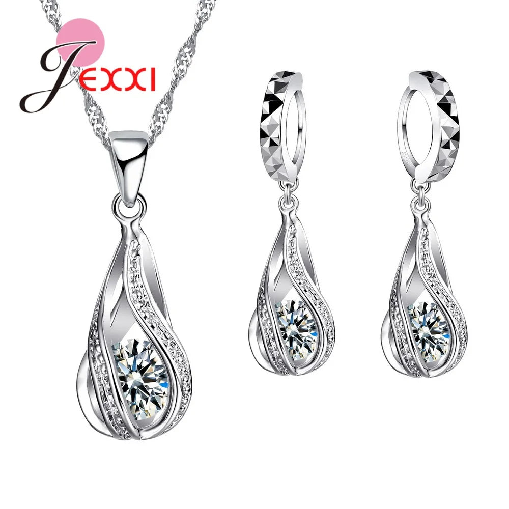 8 Colors Best for Women Girls Friends 925 Sterling Silver Jewelry Set CZ Cubic Zircon Water Drop Necklace Dangle Earrings