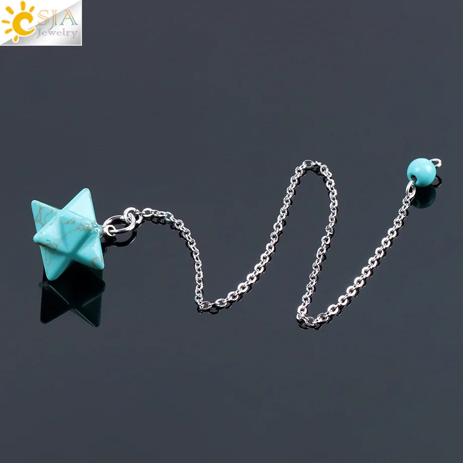 CSJA Natural Gem Stones Merkabah Pendulums for Dowsing Divination Wicca Chakra Reiki Pink Crystal Lapis Lazuli Onyx Pendant F055