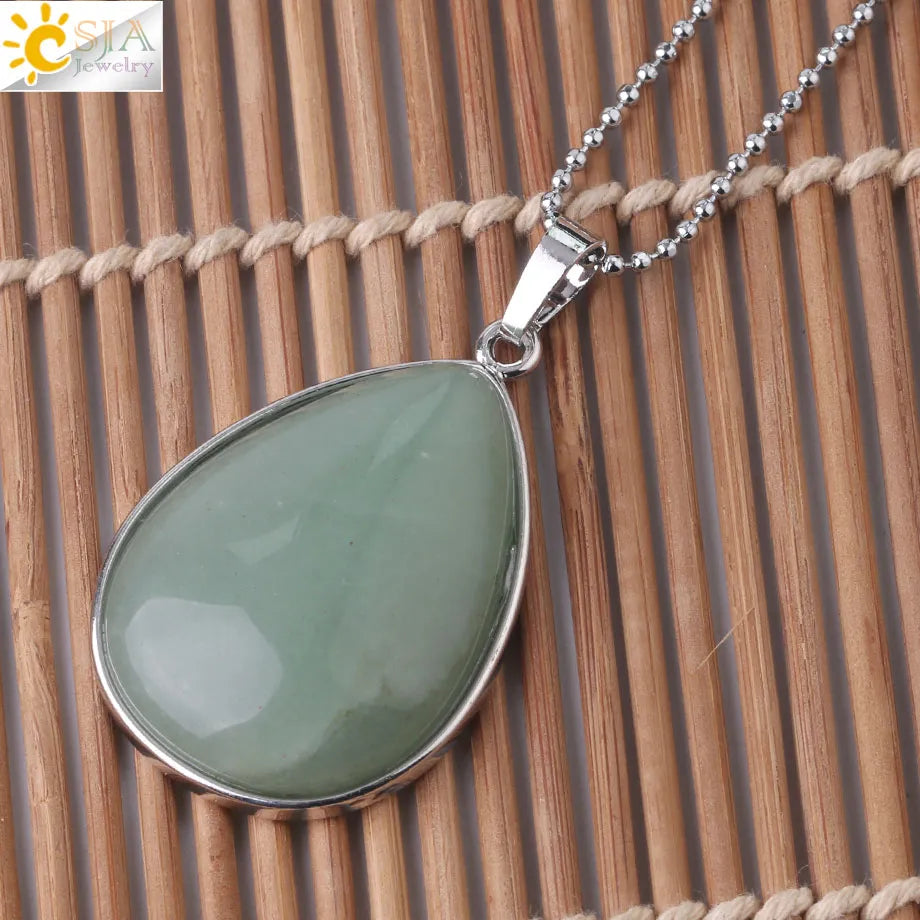 CSJA Natural Stone Pendants  Tiger Eye Pink Quartz Purple Crystal Lapis Necklace Water Drop Flat Bead Women Healing Jewelry F982