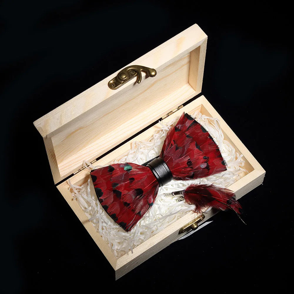 KAMBERFT Design Handmade Feather Bow Tie Brooch Wooden Box Set High Quality Men's Bowtie Leather Tie for Wedding Party Banquet