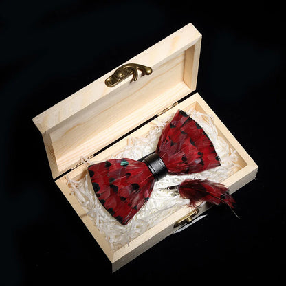 KAMBERFT Design Handmade Feather Bow Tie Brooch Wooden Box Set High Quality Men's Bowtie Leather Tie for Wedding Party Banquet