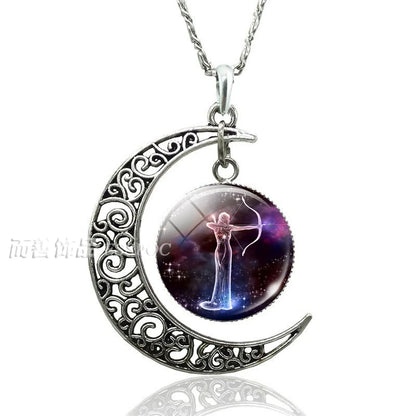 12 Constellation Crescent Moon Necklace Zodiac Sign Glass Jewelry Pendant Aries Gemini Cancer Leo Women Birthday
