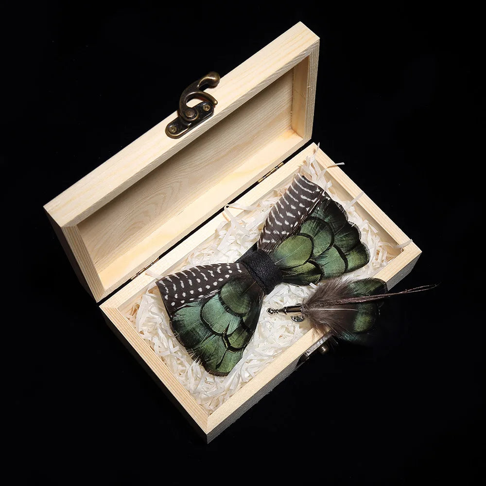 KAMBERFT Design Handmade Feather Bow Tie Brooch Wooden Box Set High Quality Men's Bowtie Leather Tie for Wedding Party Banquet