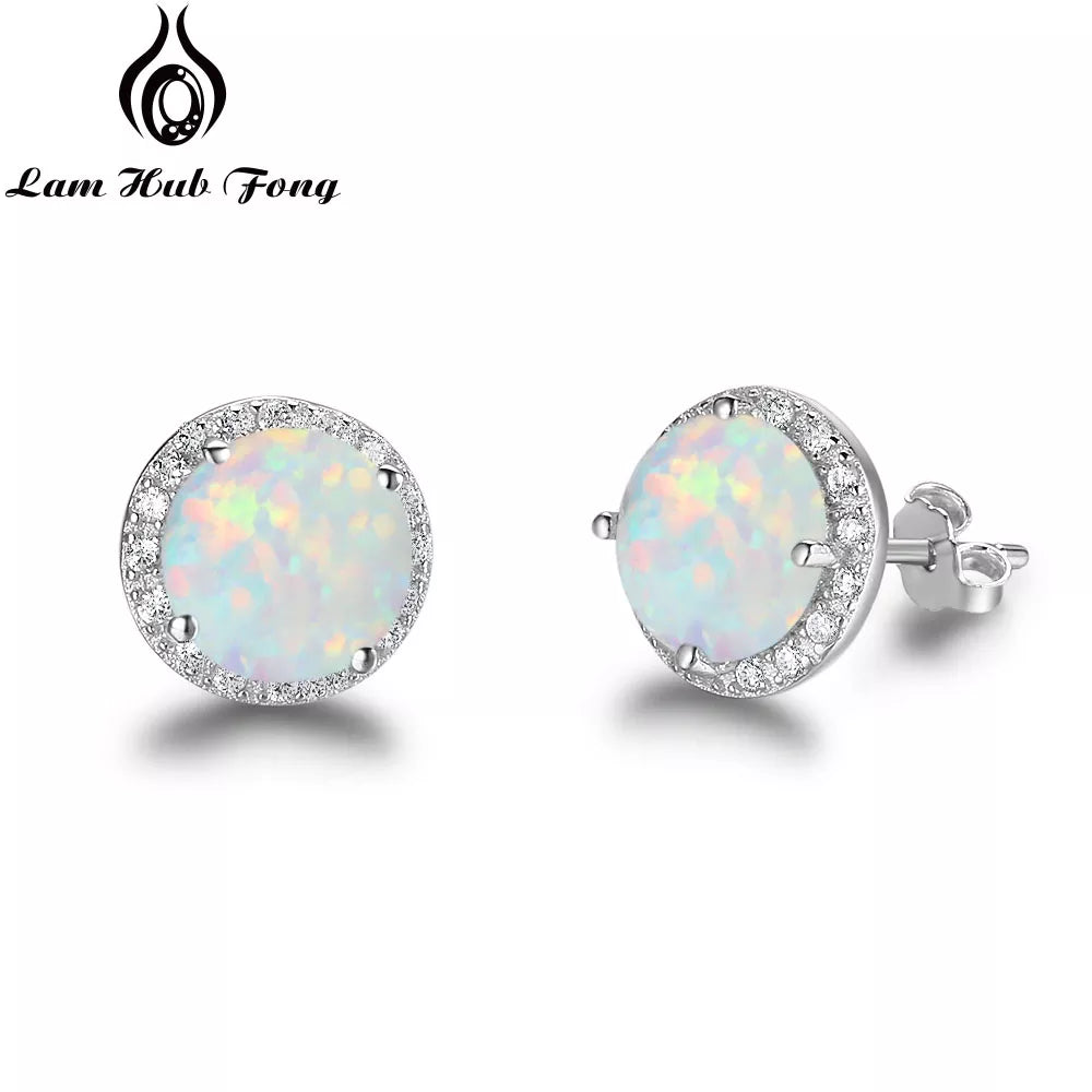 Classic 925 Sterling Silver Stud Earrings Round White Pink Blue Opal Earrings With Cubic Zirconia Jewelry (Lam Hub Fong)