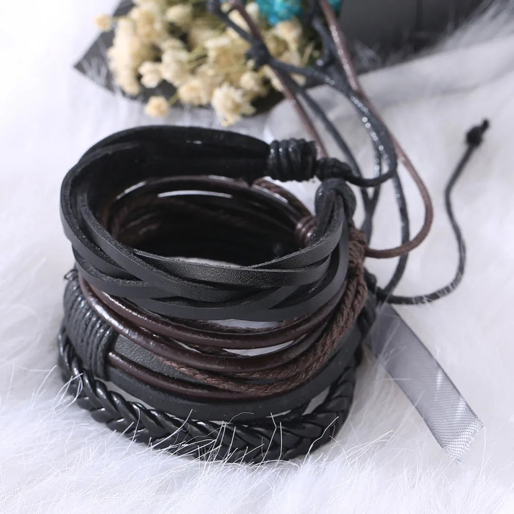 Multilevel Braided Wrap Leather Bracelets for Men Vintage Leather Bracelet Charm Wood Beads Ethnic Wristbands